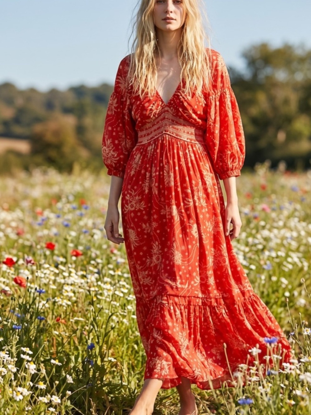 FREE PEOPLE Golden Hour Maxi Dress Size L Boho Natural poppy red